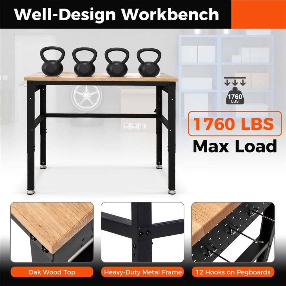 48'' Adjustable Oak Wood Top Workbench with Steel Frame and Power Outlets