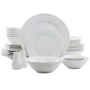 Embossed Ring 32 Piece Round Ceramic Dinnerware Set in White Service Set For 6