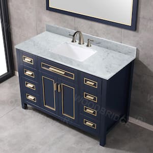 Millan 49 in.W x 22 in.D x 38 in.H Bath Vanity in Navy Blue with Marble Vanity Top in White with White Sink
