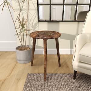 17 in. Dark Brown Handmade Intricately Carved Floral Large Round Wood End Table with 3 Slender Legs