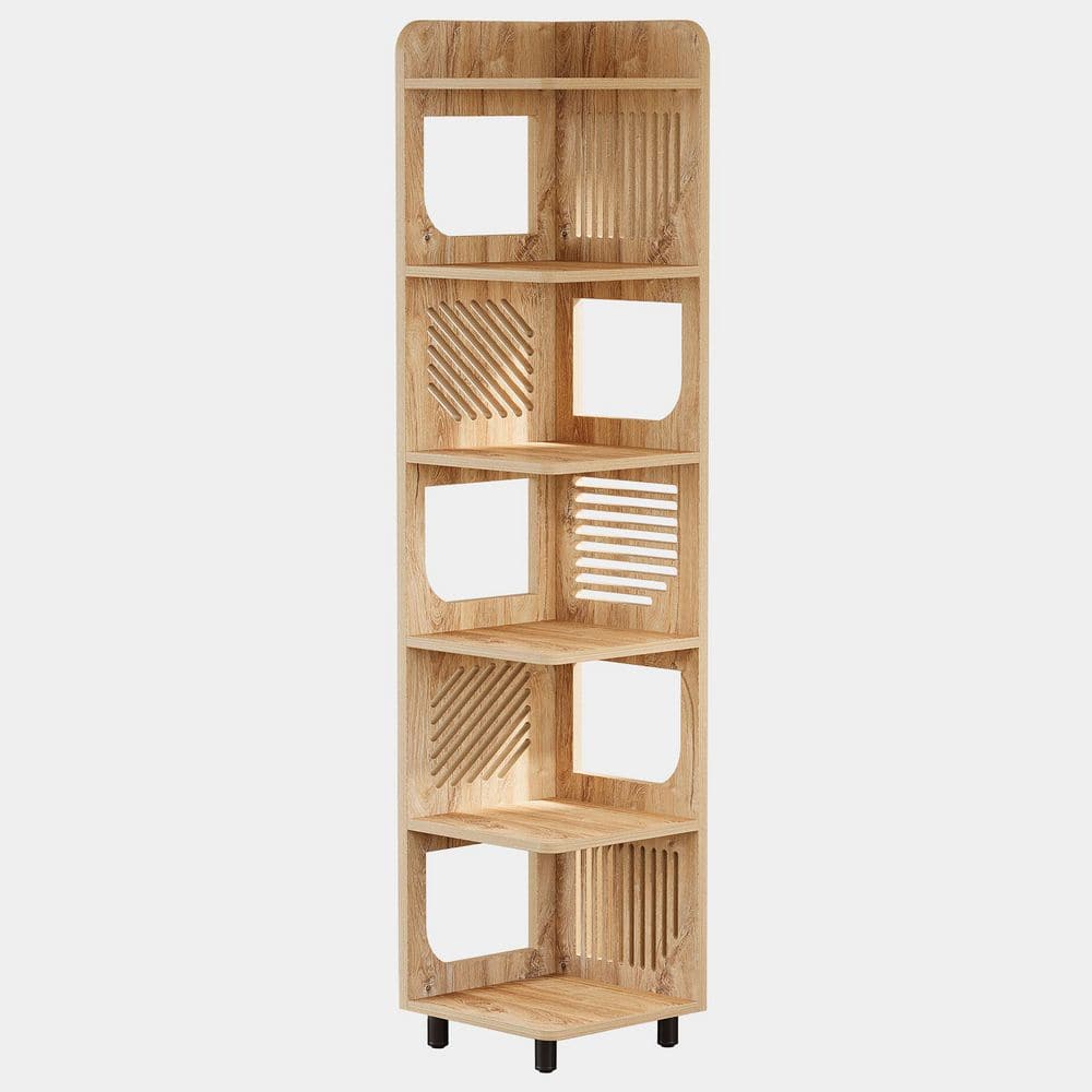 Eulas 71.9 in. Tall Natural Brown Wood 6-Shelf Standard Bookcase with Hollow Design, Corner Shelf Display Bookshelf