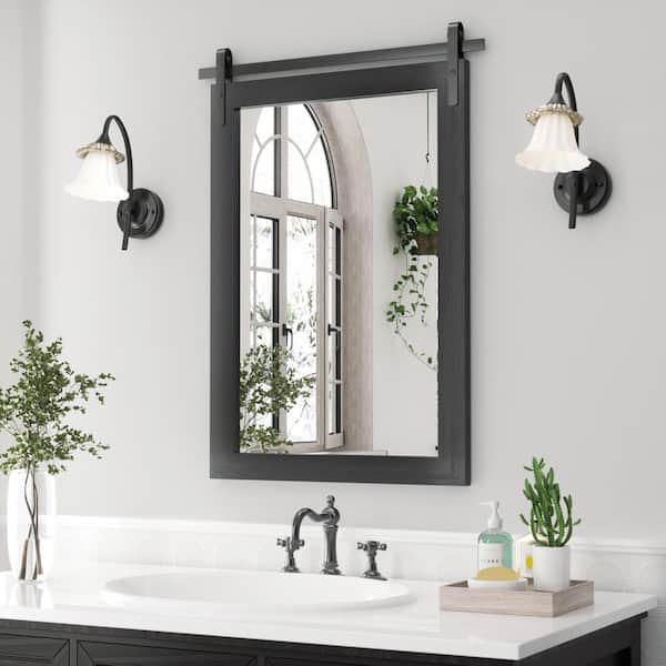 PAIHOME 18 in. W x 26 in. H Medium Square Mirrors Wood Framed Mirrors Wall Mirrors Bathroom Vanity Mirror Barn Mirror in Black