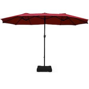 15 ft. Outdoor Double-Sided Steel Market Patio Umbrella Parasol with Base in Burgundy