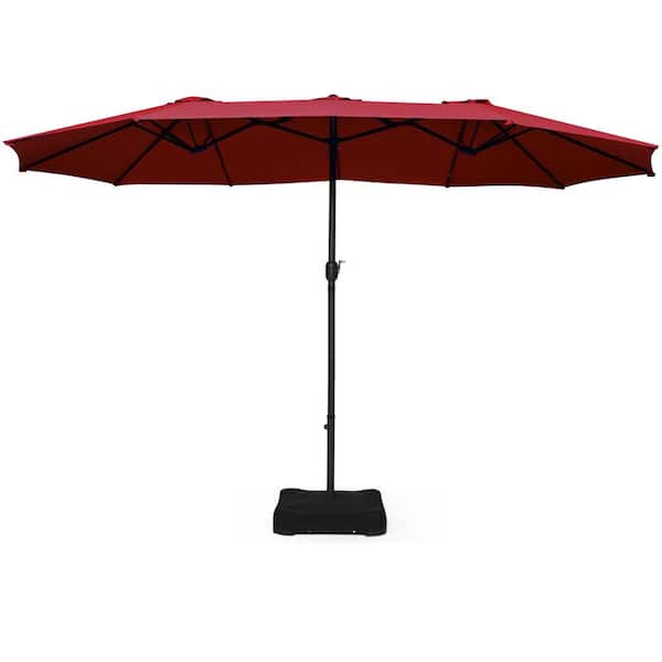 HONEY JOY 15 ft. Outdoor Double-Sided Steel Market Patio Umbrella Parasol with Base in Burgundy