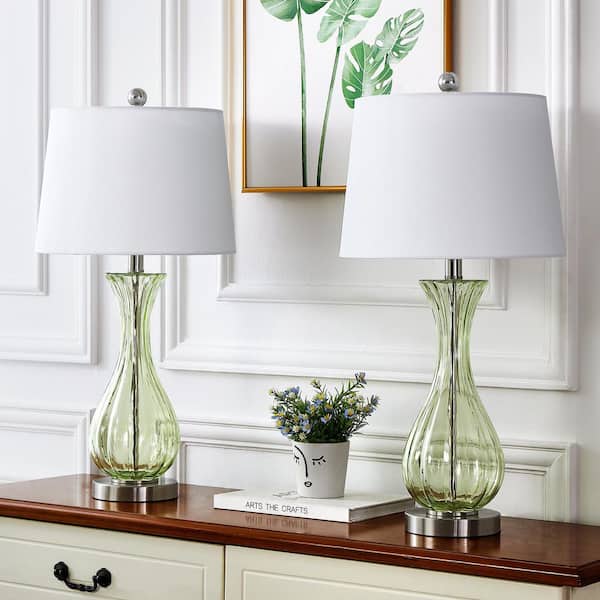 25.5 in. Green/Nickel Coastal Glass Bedroom Living Room Bedside Desk Nightstand Table Lamps (Set of 2)
