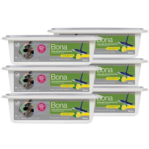 Bona Hard-surface Floor Wet Disposable Cleaning Pads, Lemon Mint Scent, 12 Count, 6-Pack