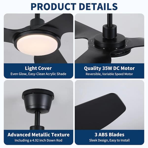 Jushua 52 in. Black Modern Waterproof Quiet DC Motor Downrod Mount