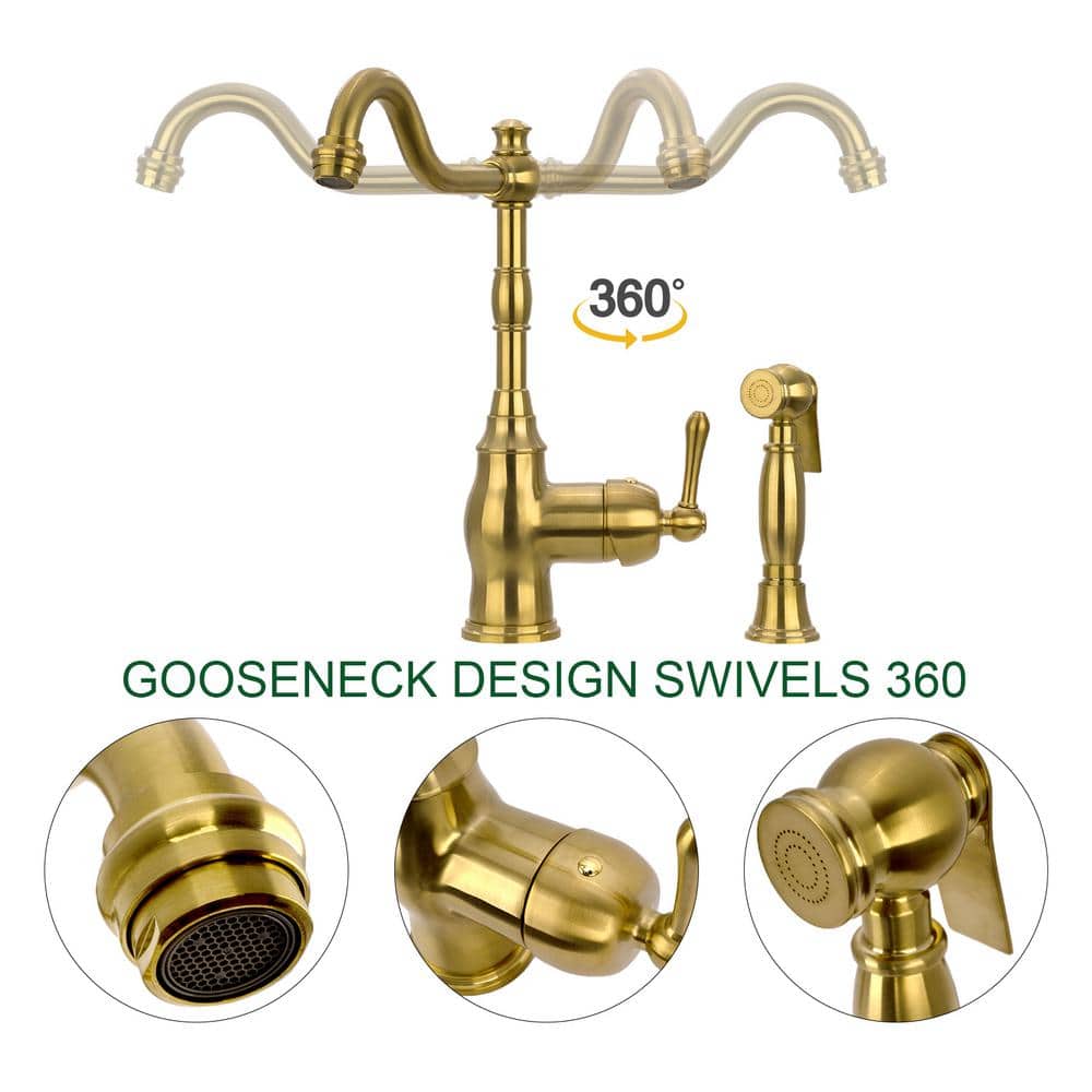 Brass Gold One-Handle Widespread Kitchen Faucet with Side Sprayer