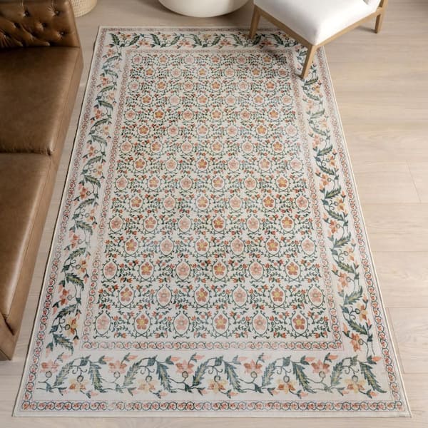 Riverside Floral Washable Ivory 9 ft. x 12 ft. Indoor Area Rug