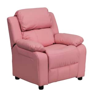 Deluxe Padded Contemporary Pink Vinyl Kids Recliner with Storage Arms