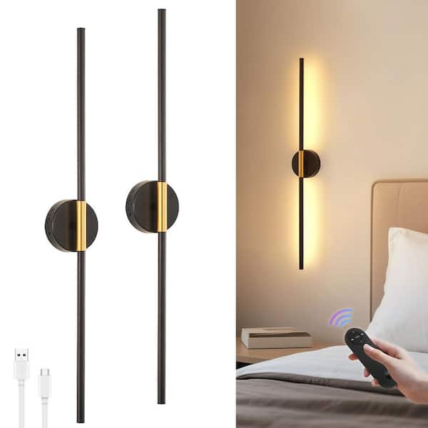 28.46 in. 1-Light Black and Brass Linear Dimmable LED Wall Sconce with Remote for Hallways, 2-Pack Wall Decor