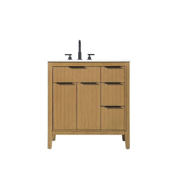 32 in. Single Sink Freestanding Honey Teak Bath Vanity with Marble White Engineered Marble Top