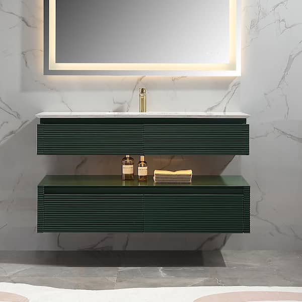 Wilton 48 in. W x 20.8in. D x 19.6 in. H Floating Bathroom Vanity Set in Green with White Engineer Marble Countertop