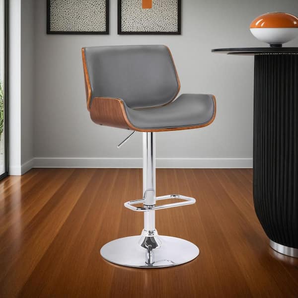 Armen Living London Contemporary 37 in. to 46 in. Grey Faux Leather Swivel Bar Stool with Chrome and Walnut Wood