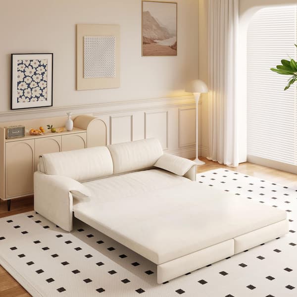 Harper & Bright Designs 3-in-1 Convertible 66 in. Beige Soft Velvet Queen Size Sofa Bed with Side Pockets