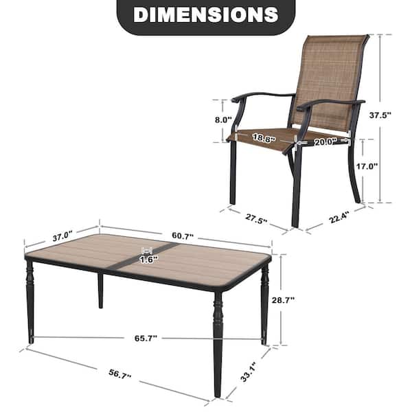 Black 7-Piece Textilene and Metal Rectangle Outdoor Dining Set with Umbrella Hole and Wood-Grain Tabletop