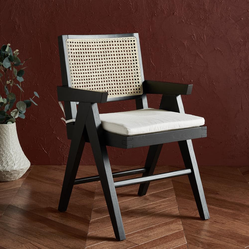 Colette Contemporary Black and Natural Ash Wood Rattan Dining Armchair
