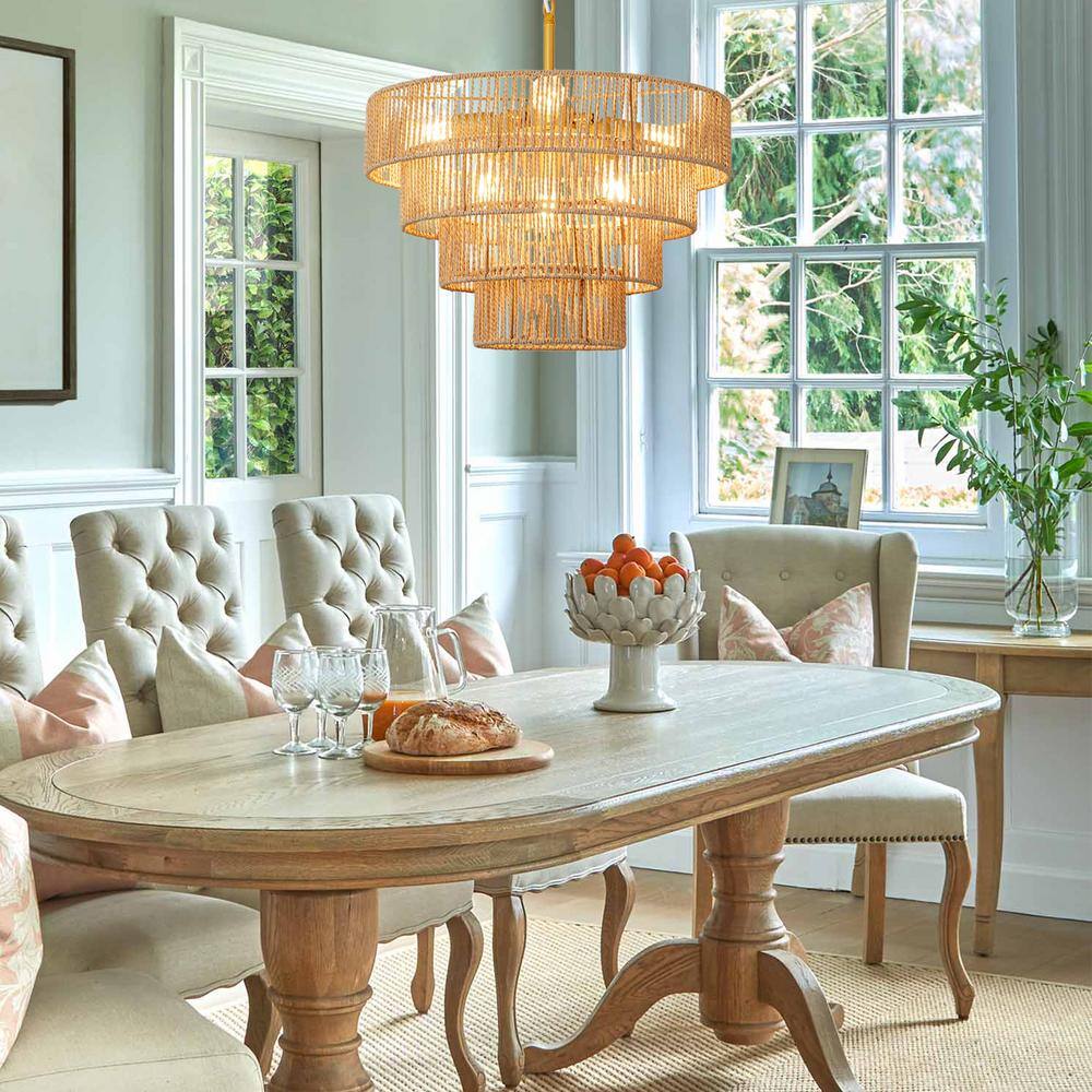 Brass and Rattan Tiered Geometric Pendant Light