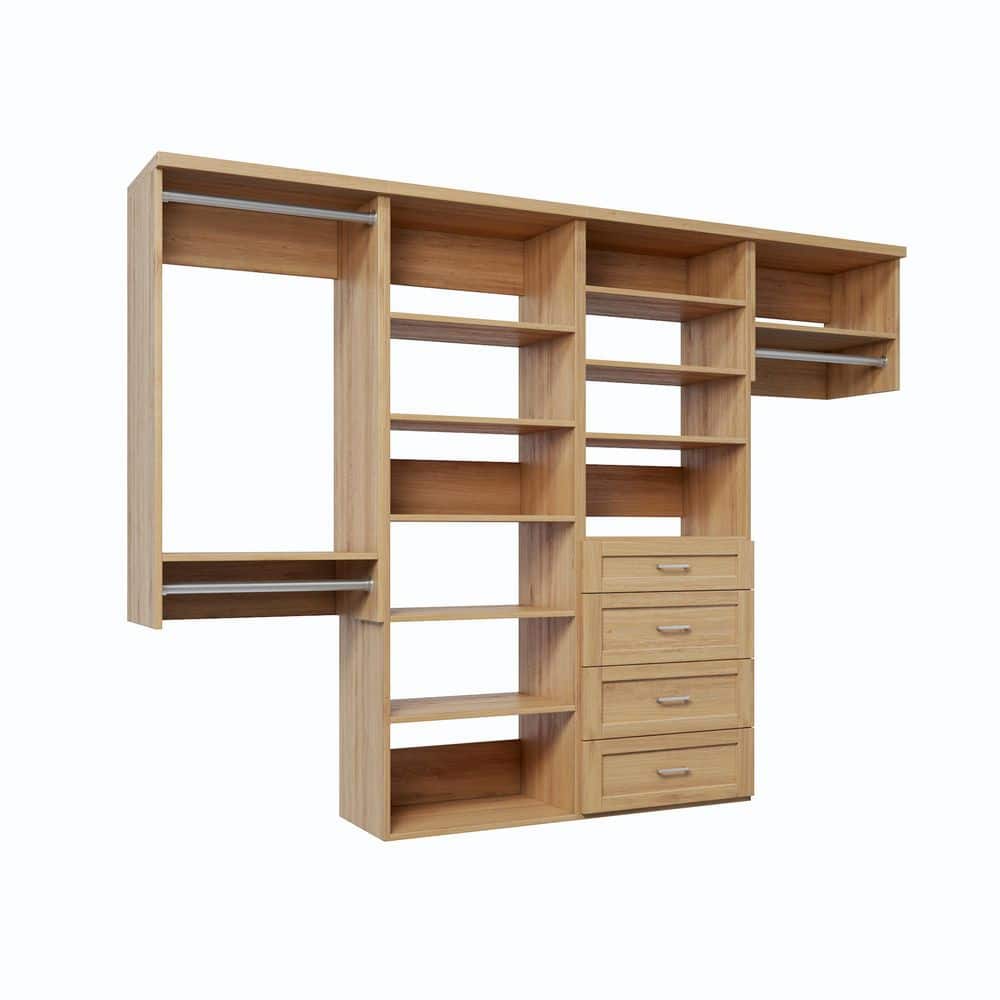 114 in. W Natural Oak Reach-in Wall-Mount 3-Rod 4-Shaker-Drawers 11-Shelf Wood Closet System