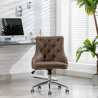 Brown PU Leather Task Chair with Wheels and Metal Base