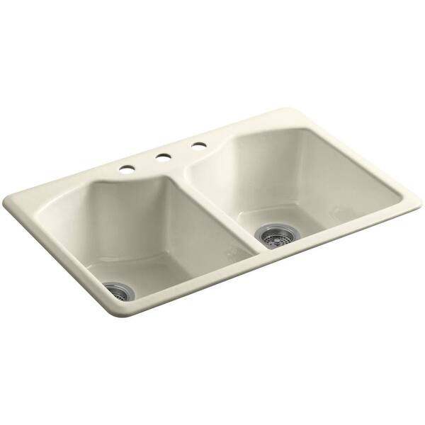 KOHLER Bellegrove Drop-In Cast-Iron 33 in. 3-Hole Double Bowl Kitchen Sink with Accessories in Cane Sugar