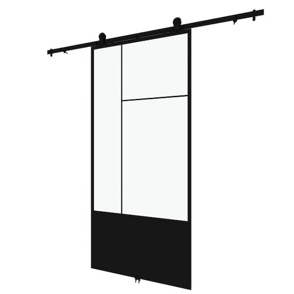 Cicero 37 in. x 84 in. 3/4 Lite Clear Glass Black Metal Finish Sliding Barn Door with Hardware Kit