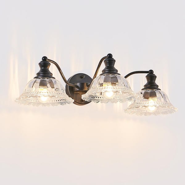 25 in. Vintage 3-Light Bathroom Wall Sconce with Black Metal Frame and Clear Glass Shade, E26 Compatible Vanity Light
