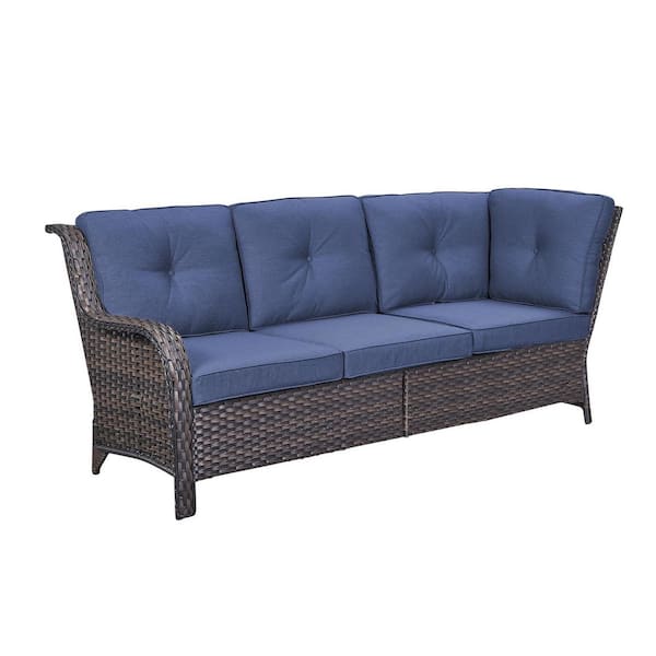 ArcoBay Brown Wicker Right Arm 3-Seat Outdoor Sectional Sofa Patio Sofa with Navy Blue Cushion
