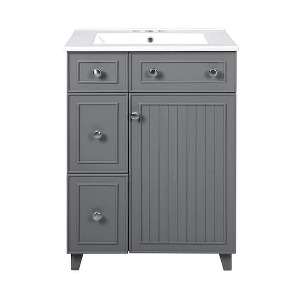 24 in. Freestanding Gray Bath Vanity with White Ceramic Top Unassembled