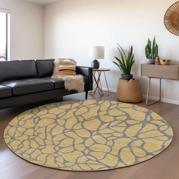 Mayfield Premium Machine Washable Abstract AMF1023 Gold 8 ft. x 8 ft. Round Rug