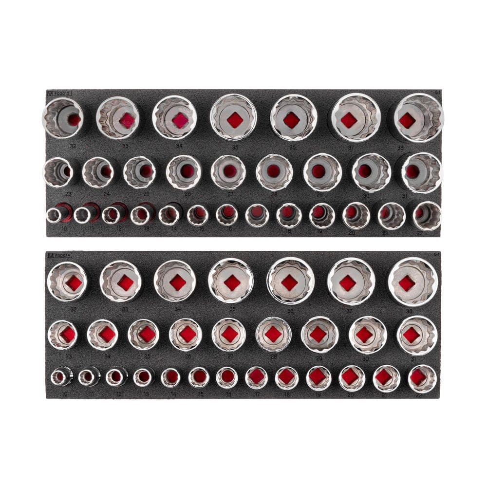 Tekton 1/2 in. Drive Shallow and Deep 12-Point Socket Set with 16 x 6 in. Foam Organizers, 58-Piece (10 - 38 mm)