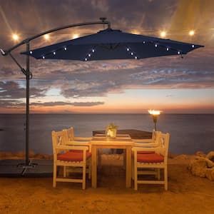 10 ft. Round Outdoor Patio Solar LED Lighted Cantilever Umbrella in Navy Blue