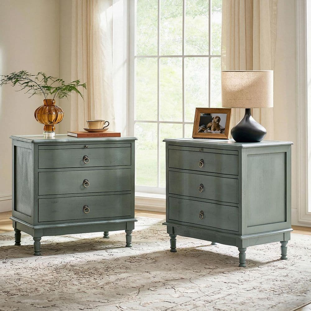 Di Blue Traditional 3-Drawer 26 in. W Nightstand Set of 2