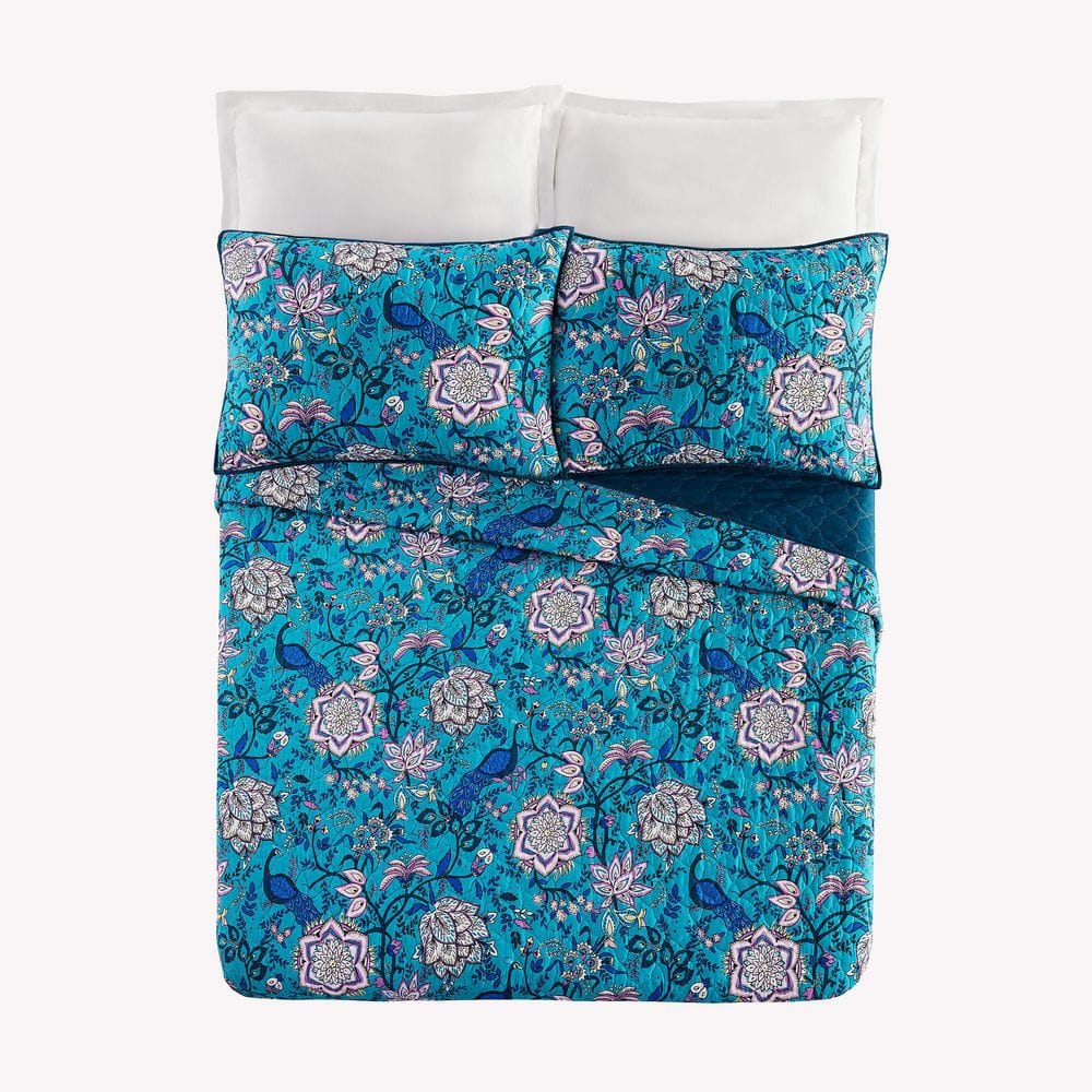 Peacock Garden Blue Microfiber Full Quilt Set
