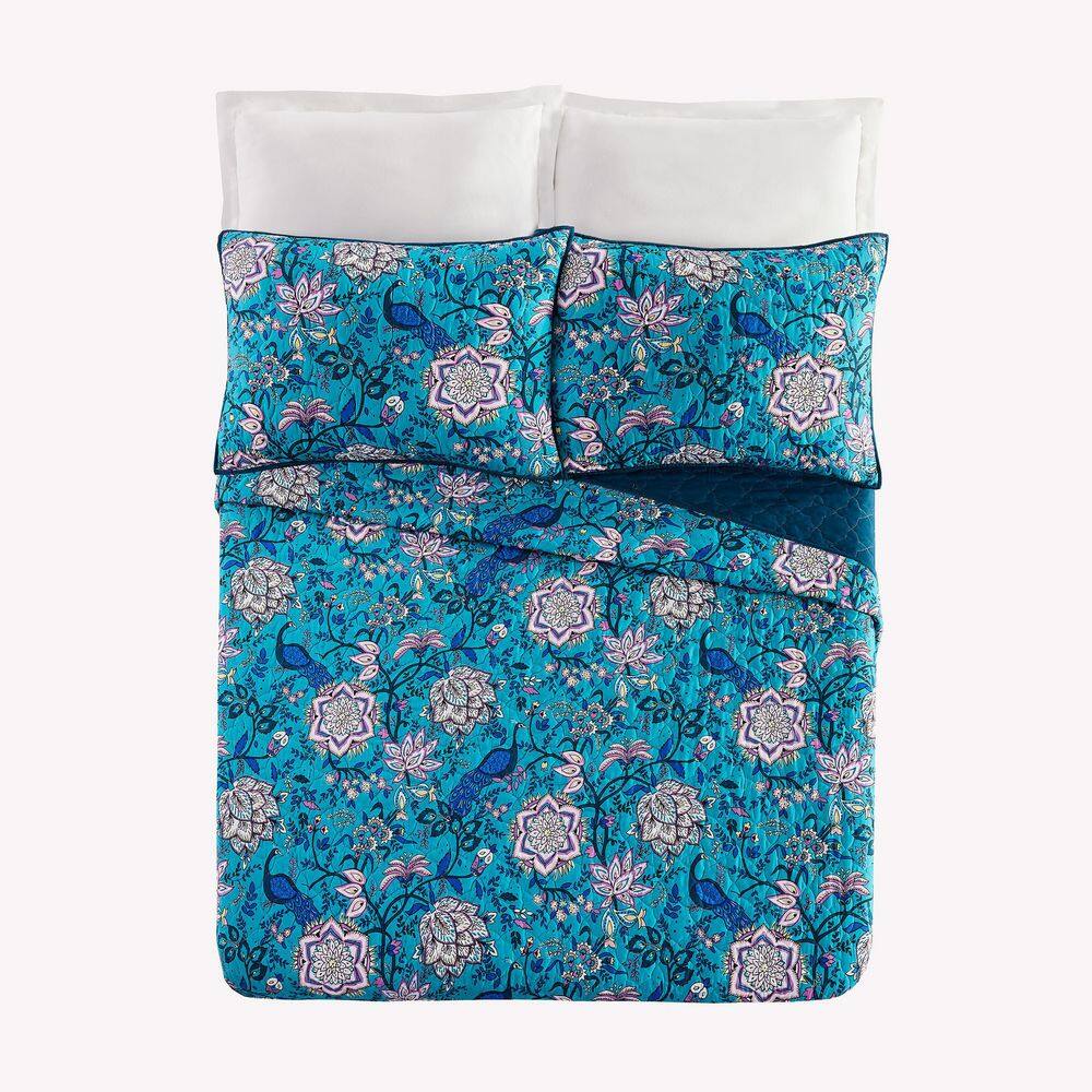 Turquoise Floral and Peacock King Microfiber Quilt Set