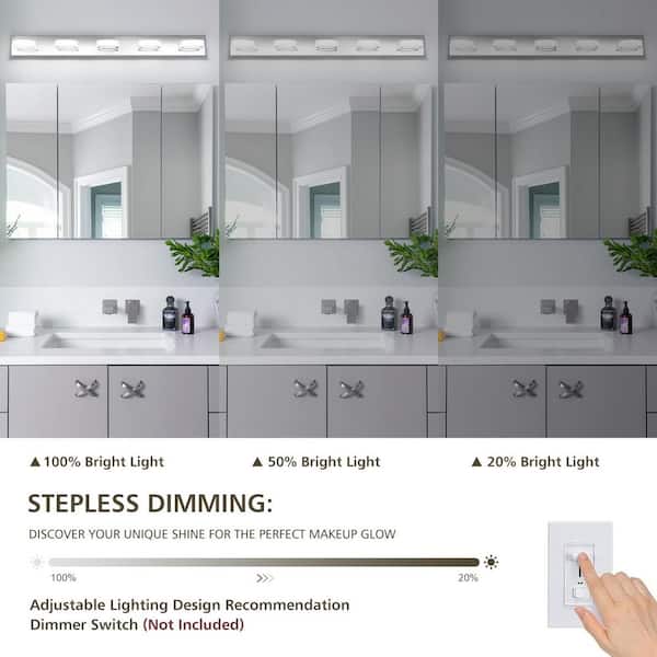 41 in. 5-Light Chrome LED Vanity Light, Dimmable 5500K Daylight and 270° Rotatable Lamphead