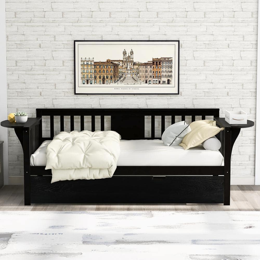 Magic Home 79.5 in. Twin Size Sofa Bed Wooden Daybed with Trundle, Espresso, Brown -  CS-WF191052AAO