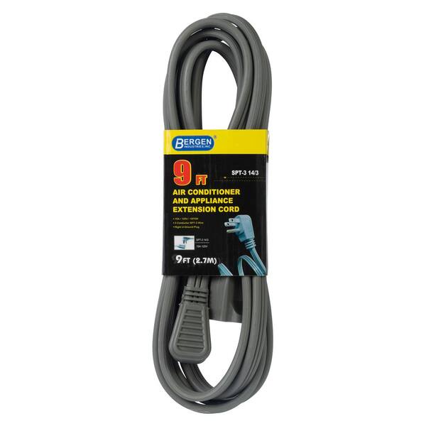 Bergen Industries 9 ft. 14/3 SPT-3 Wire Air Conditioner/Major Appliance Extension Cord with Right U-Ground Plug, Gray