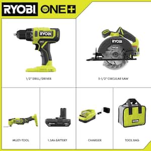 ONE  18V Cordless 2 Tool Combo Kit w/ Drill/Driver, Circular Saw,  Multi Tool, 2  1.5 Ah Batteries, & Charger