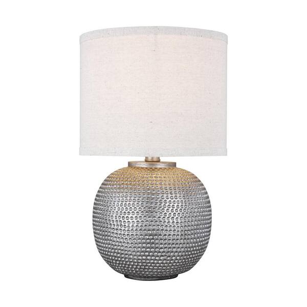 Generation Lighting Bainbridge 16.5 in. H Hammered Weathered Pewter Round Accent Table Lamp with Beige Silk Fabric Drum Shade