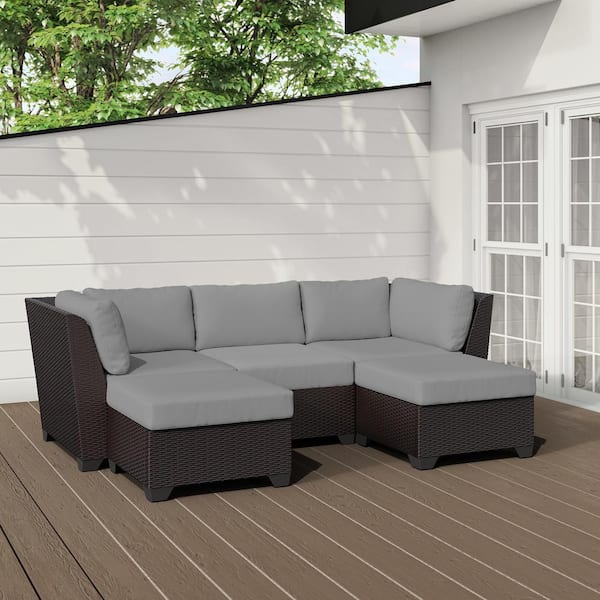 TK CLASSICS Barbados 5-Piece Outdoor Wicker Patio Conversation Furniture Set with Grey Cushion