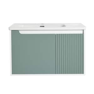 31.7 in. W x 19.9 in. D x 20.1 in. H Wall-Mounted Single Bathroom Vanity in Green with White Ceramic Top