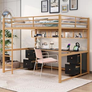 Gold Full Size Metal Loft Bed with Black Built-in Desk, 4-Drawers, Bedside Tray, Ladder and USB Charging Station