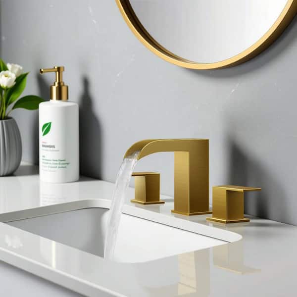8 in. Widespread Double Handle Bathroom Faucet with Drip-Free Ceramic Disc Valve 1.5 GPM Waterfall Design in Gold