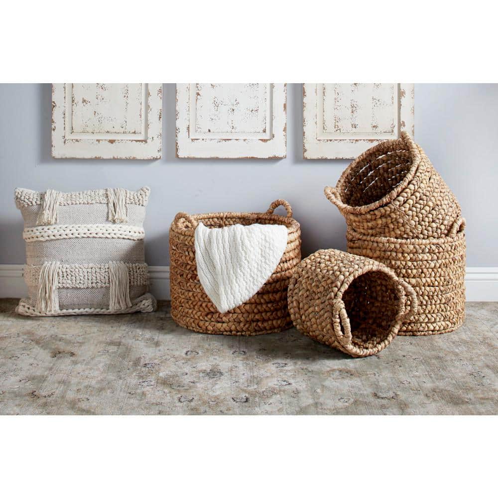 Beige Seagrass Round Storage Basket with Hard Handles