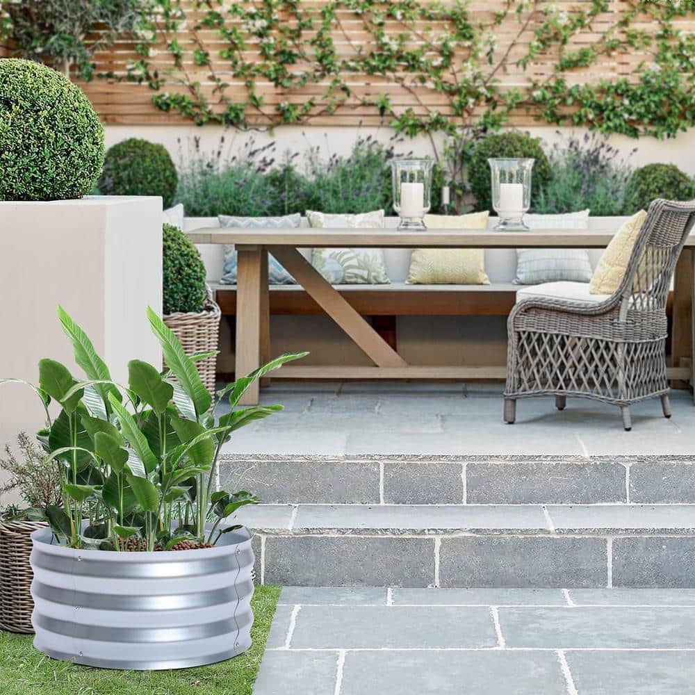 24.25" Silver Galvanized Metal Round Raised Garden Bed Planter