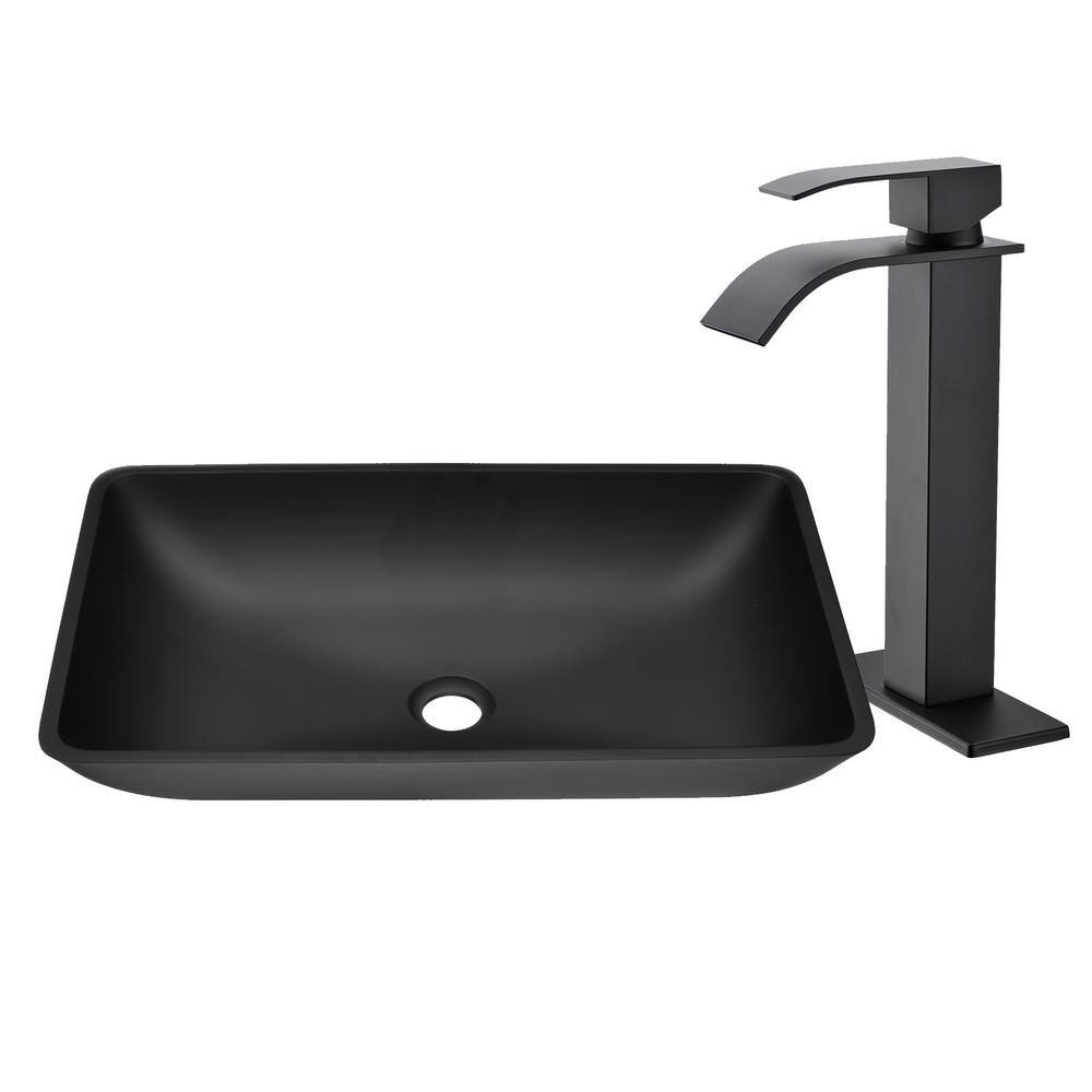 Logmey 22 in. Matte Black Rectangular Glass Vessel Sink with Bathroom