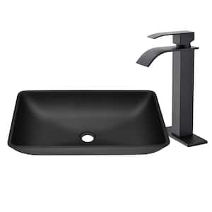 22 in. Matte Black Rectangular Glass Vessel Sink with Bathroom Faucet and Pop-Up Drain