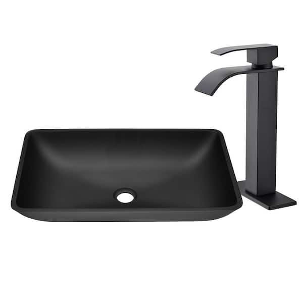 Logmey 22 in. Matte Black Rectangular Glass Vessel Sink with Bathroom Faucet and Pop-Up Drain