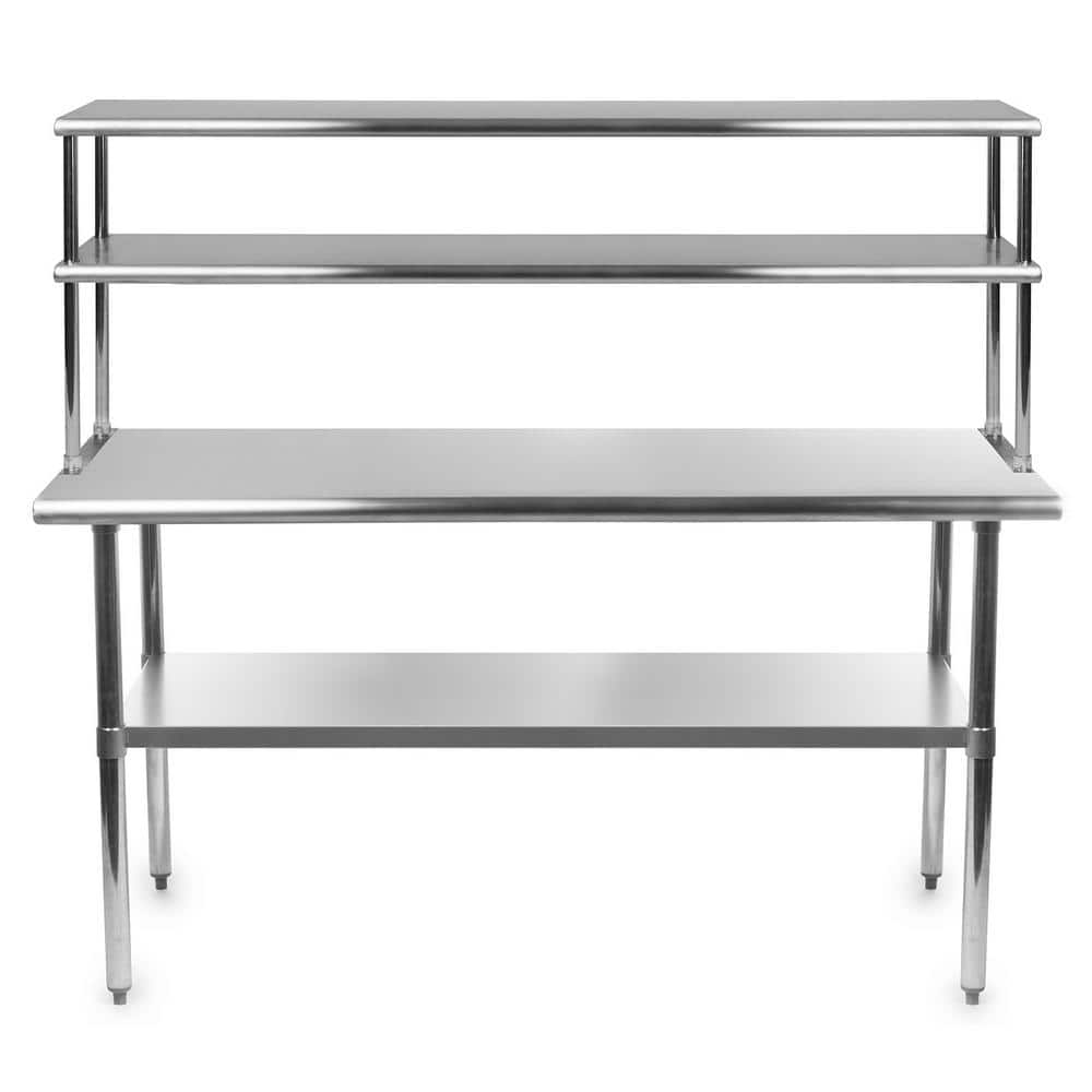 60" Silver Stainless Steel Prep Station with Double Overshelf